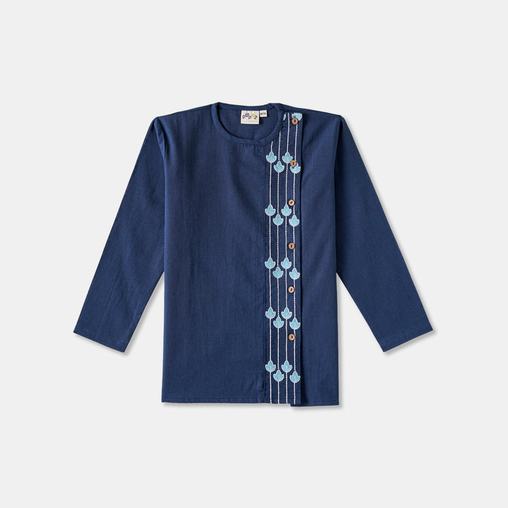 Kurta Pajama - Navy Blue Embroidered with side cut