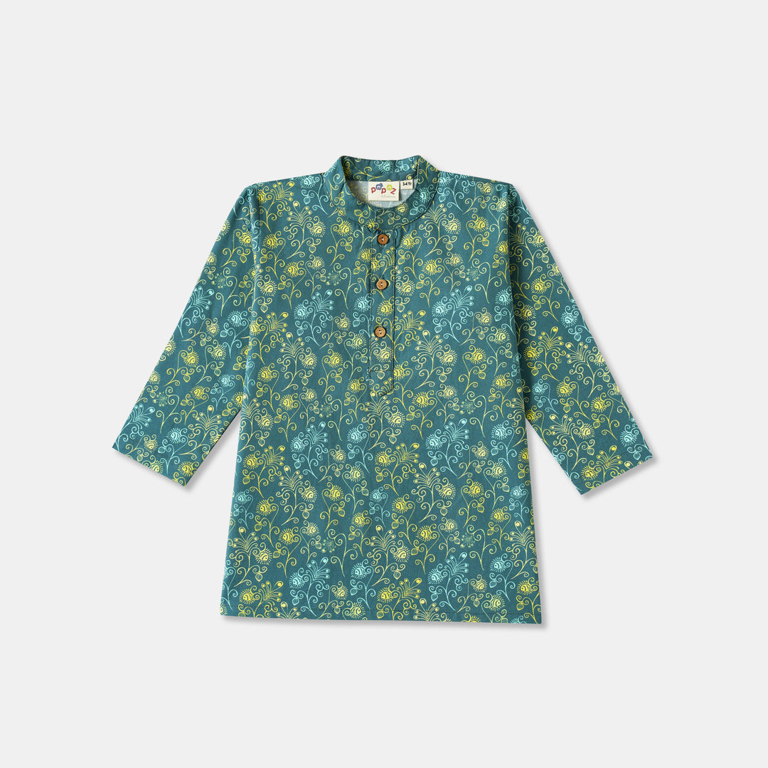 Teal Floral Vine Print Kurta Pajama Set