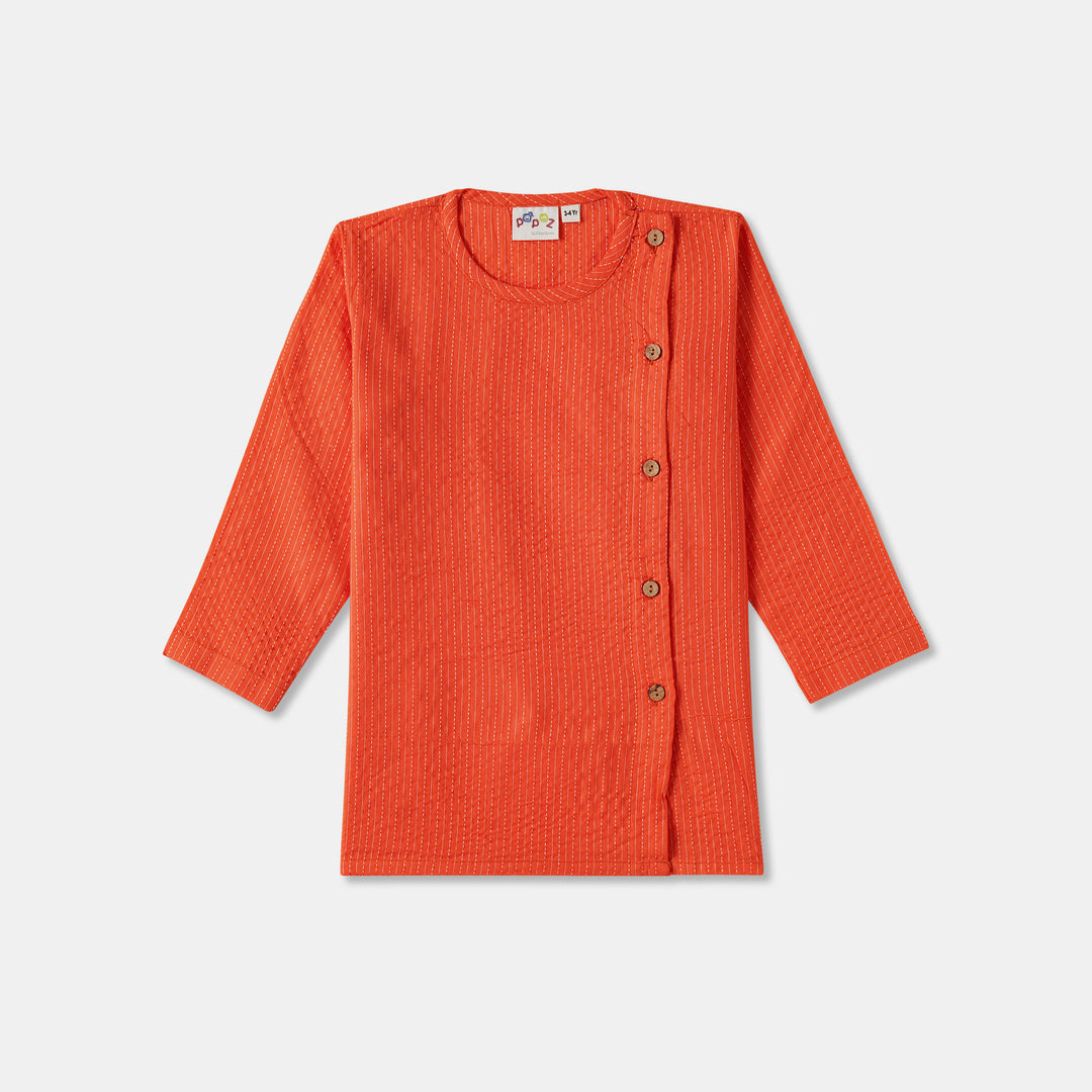 Kurta Pajama - Orange Katha Stitched Embroidered with Side Cut