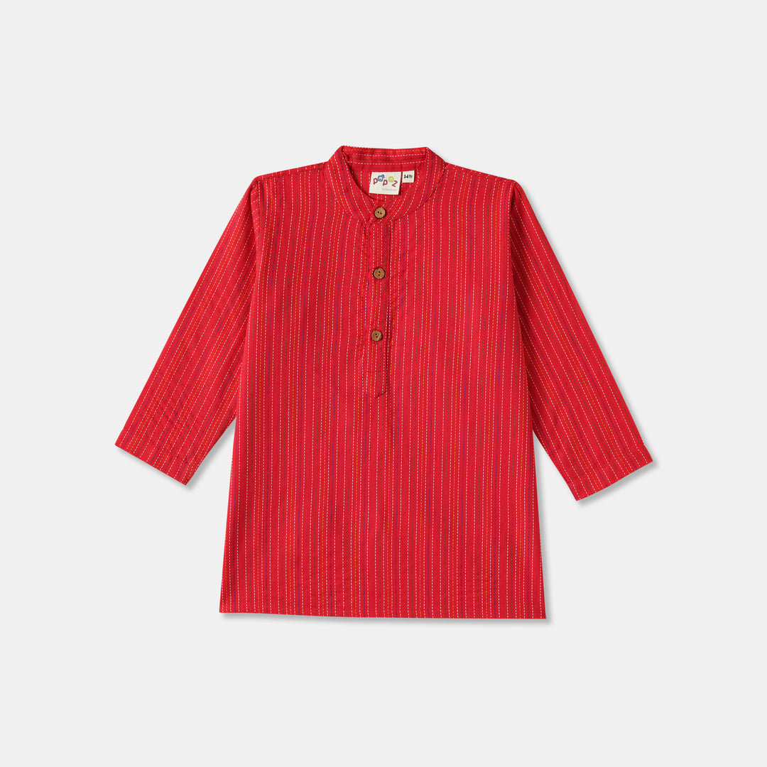 Kurta Pajama - Red Katha Stitched Embroidered with Middle Cut