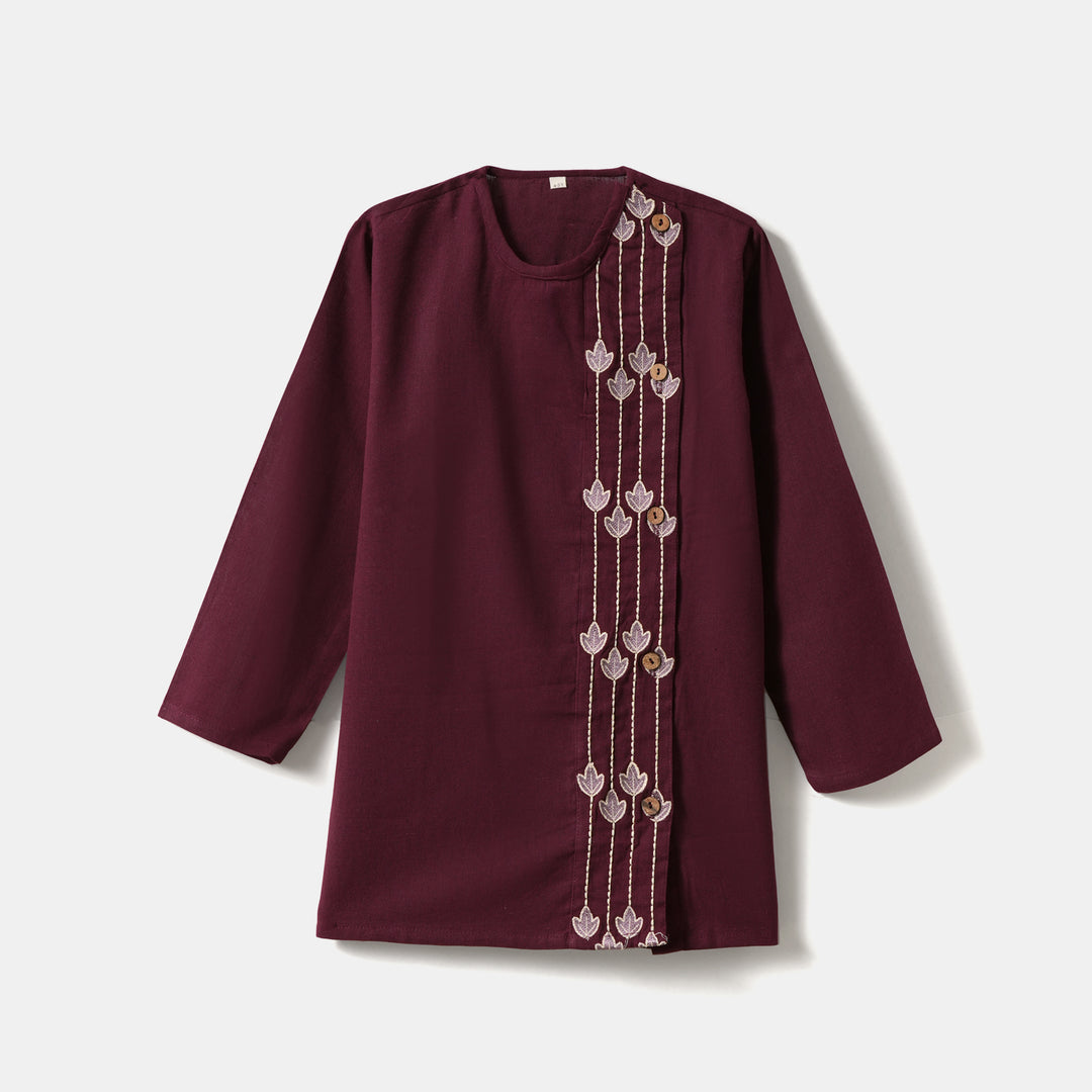 Kurta Pajama - Maroon Embroidered with side cut