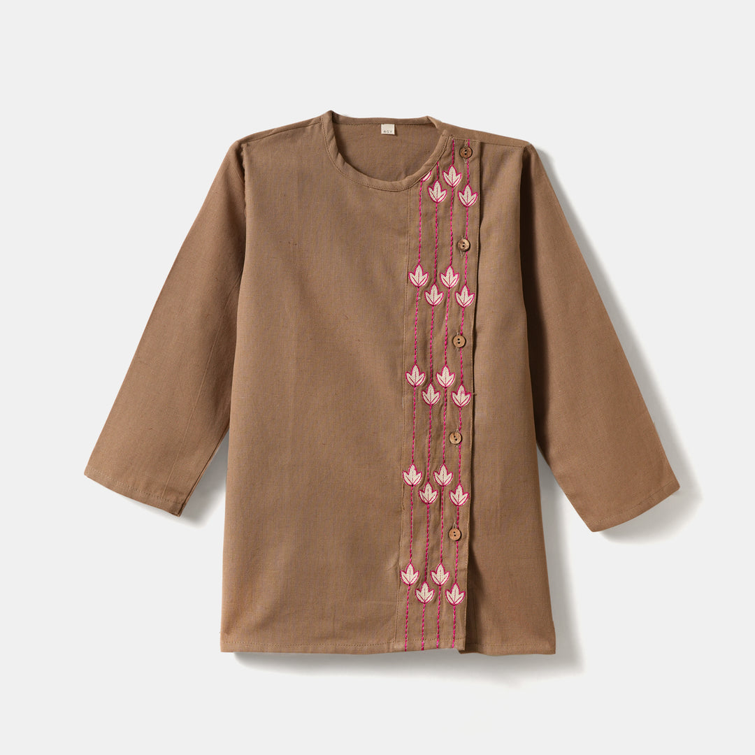 Kurta Pajama - Brown Embroidered with side cut