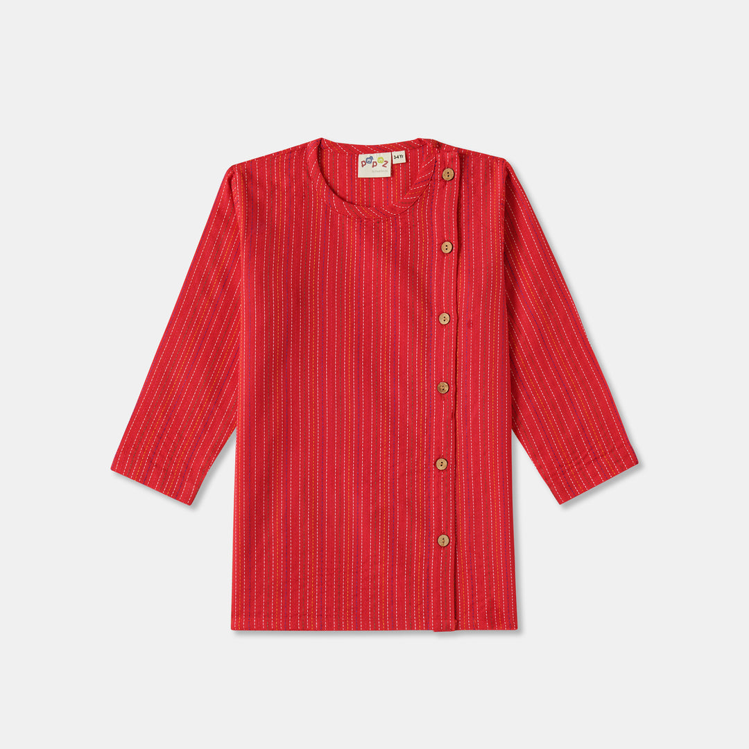 Kurta Pajama - Red Katha Stitched Embroidered with Side Cut