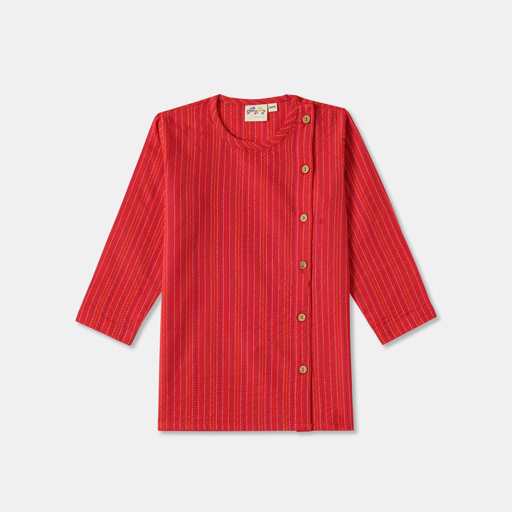 Kurta Pajama - Red Katha Stitched Embroidered with Side Cut