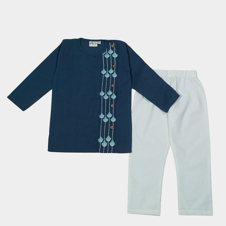 Kurta Pajama - Navy Blue Embroidered with side cut