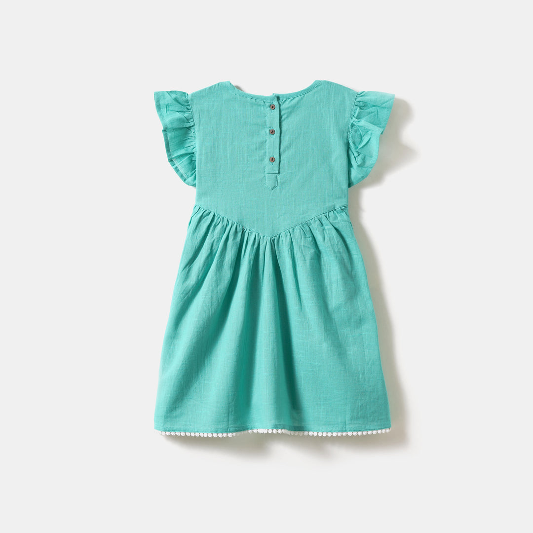 Teal Cotton Frocks with Floral Embroidery