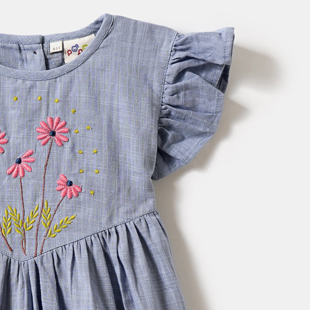 Blue Cotton Frocks with Floral Embroidery