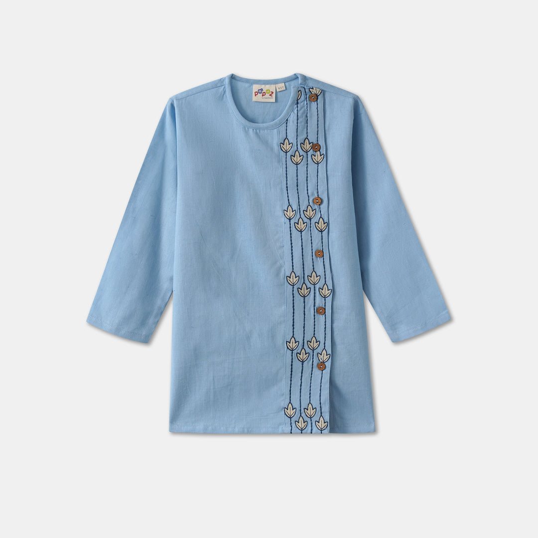 Kurta Pajama - Blue Embroidered with side cut