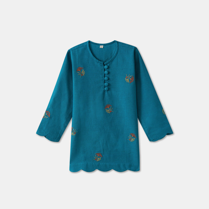 Kurta and Pajama (Dhoti Style) - Blue Embroidered with scallop pattern