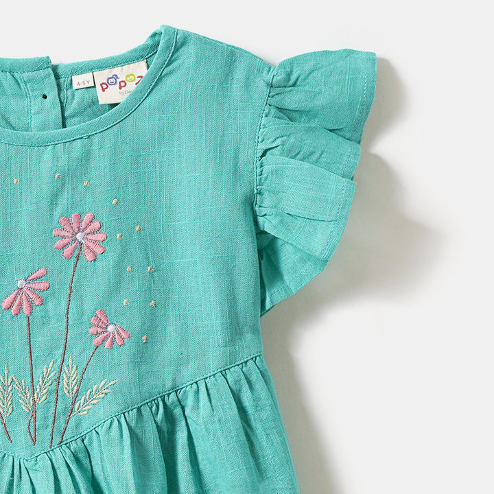 Teal Cotton Frocks with Floral Embroidery