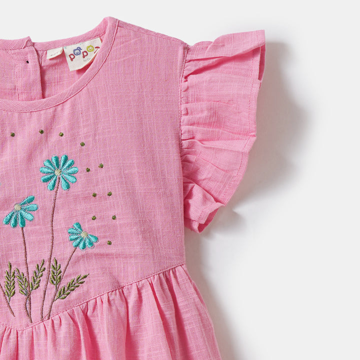 Pink Cotton Frocks with Floral Embroidery