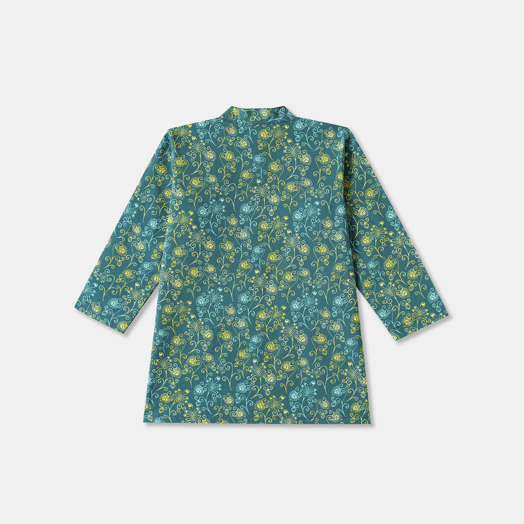 Teal Floral Vine Print Kurta Pajama Set