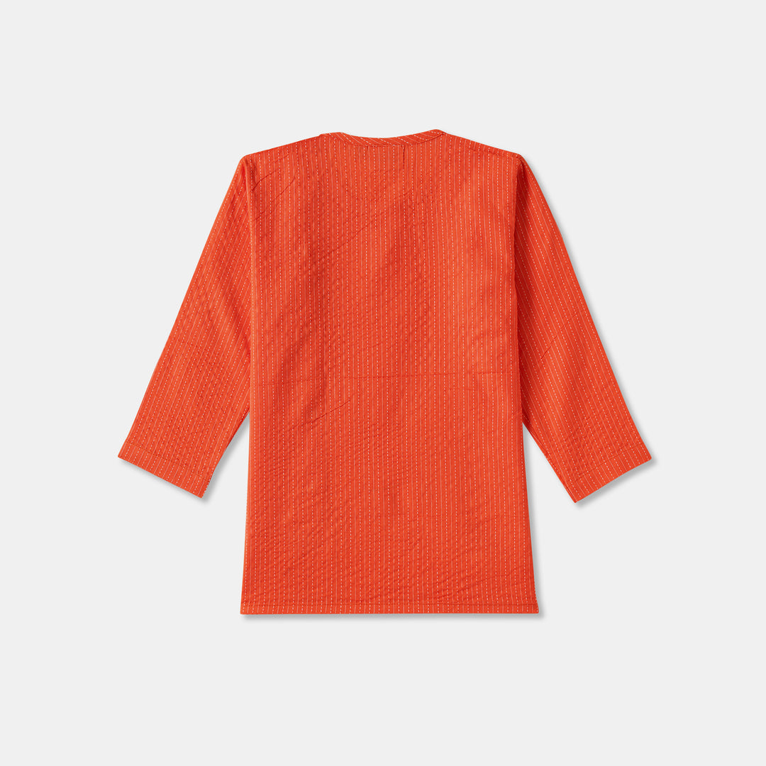 Kurta Pajama - Orange Katha Stitched Embroidered with Side Cut