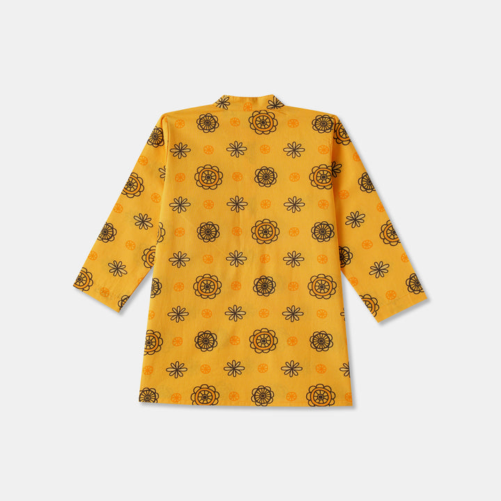 Golden Floral Motif Print Kurta Pajama Set