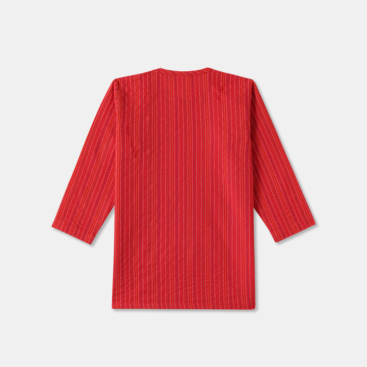 Kurta Pajama - Red Katha Stitched Embroidered with Side Cut