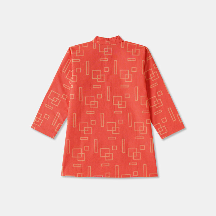 Coral Geometric Shapes Print Kurta Pajama Set