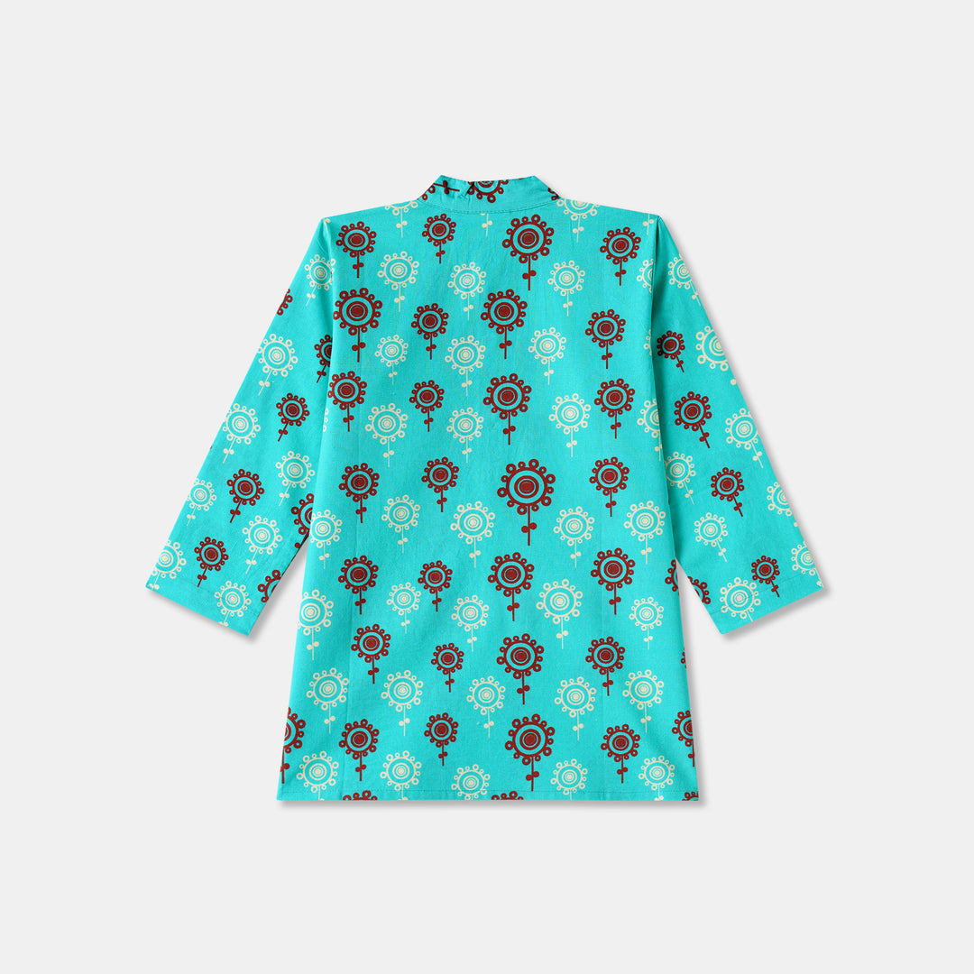 Teal Floral Motif Print Kurta Pajama Set