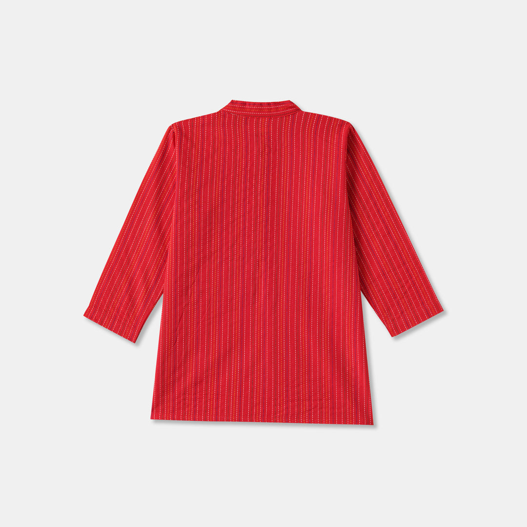 Kurta Pajama - Red Katha Stitched Embroidered with Middle Cut
