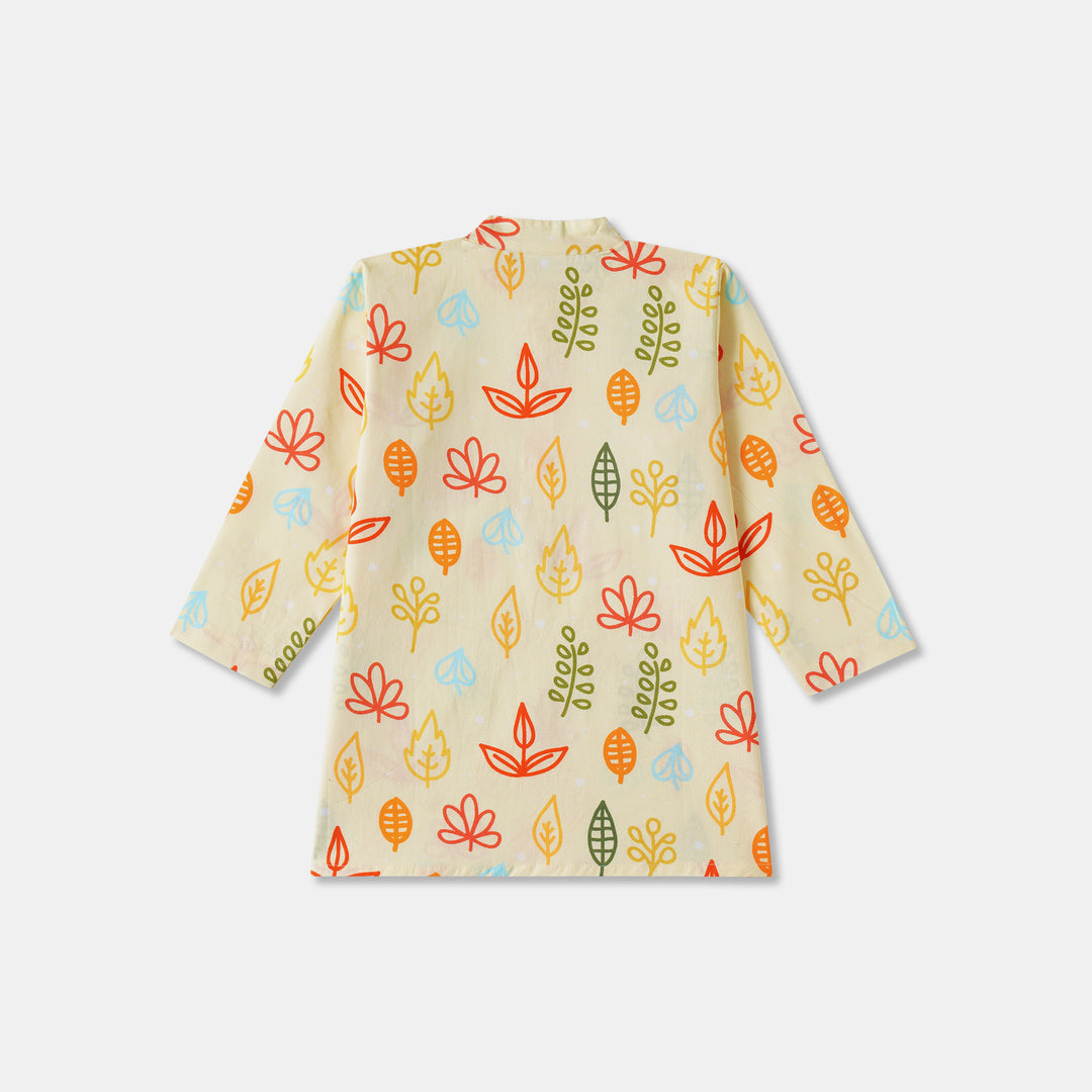 Yellow Fern & Leaves Print Kurta Pajama Set