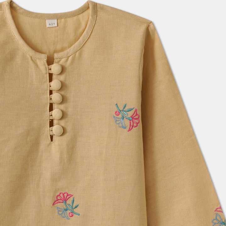 Kurta and Pajama (Dhoti Style) - Beige Embroidered with scallop pattern