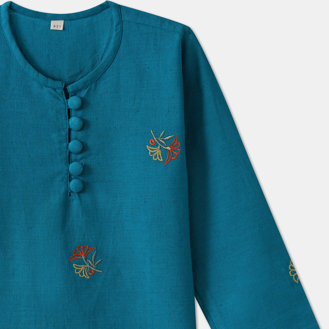 Kurta and Pajama (Dhoti Style) - Blue Embroidered with scallop pattern