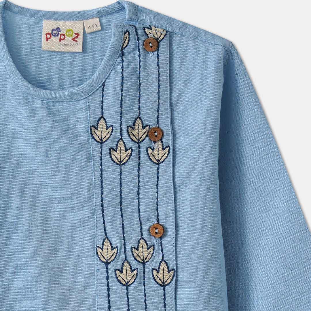 Kurta Pajama - Blue Embroidered with side cut