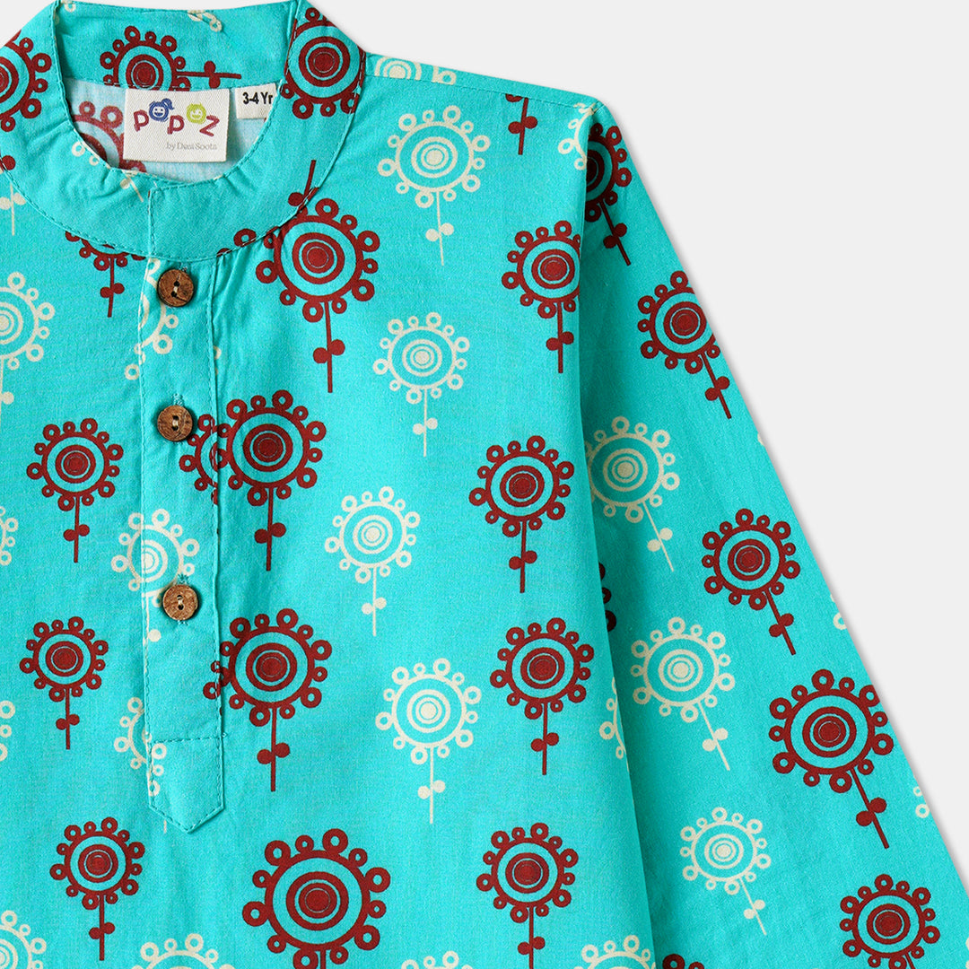 Teal Floral Motif Print Kurta Pajama Set