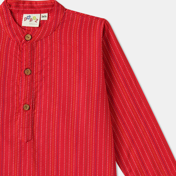 Kurta Pajama - Red Katha Stitched Embroidered with Middle Cut