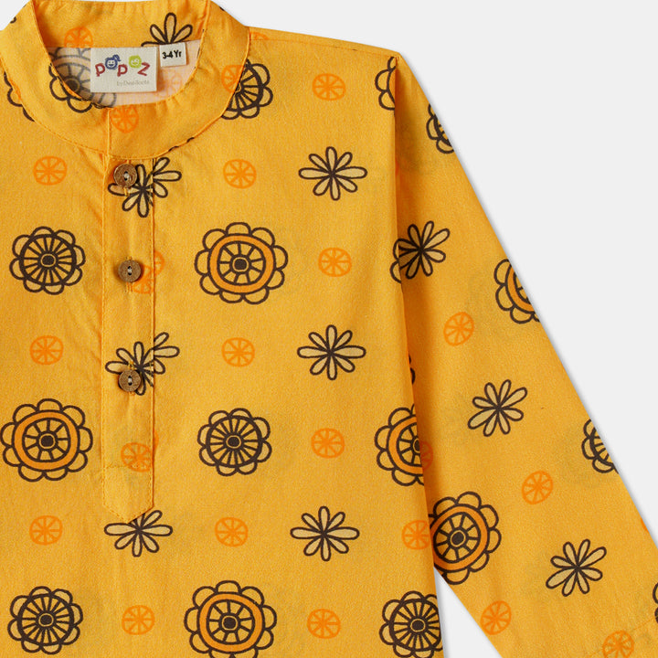 Golden Floral Motif Print Kurta Pajama Set