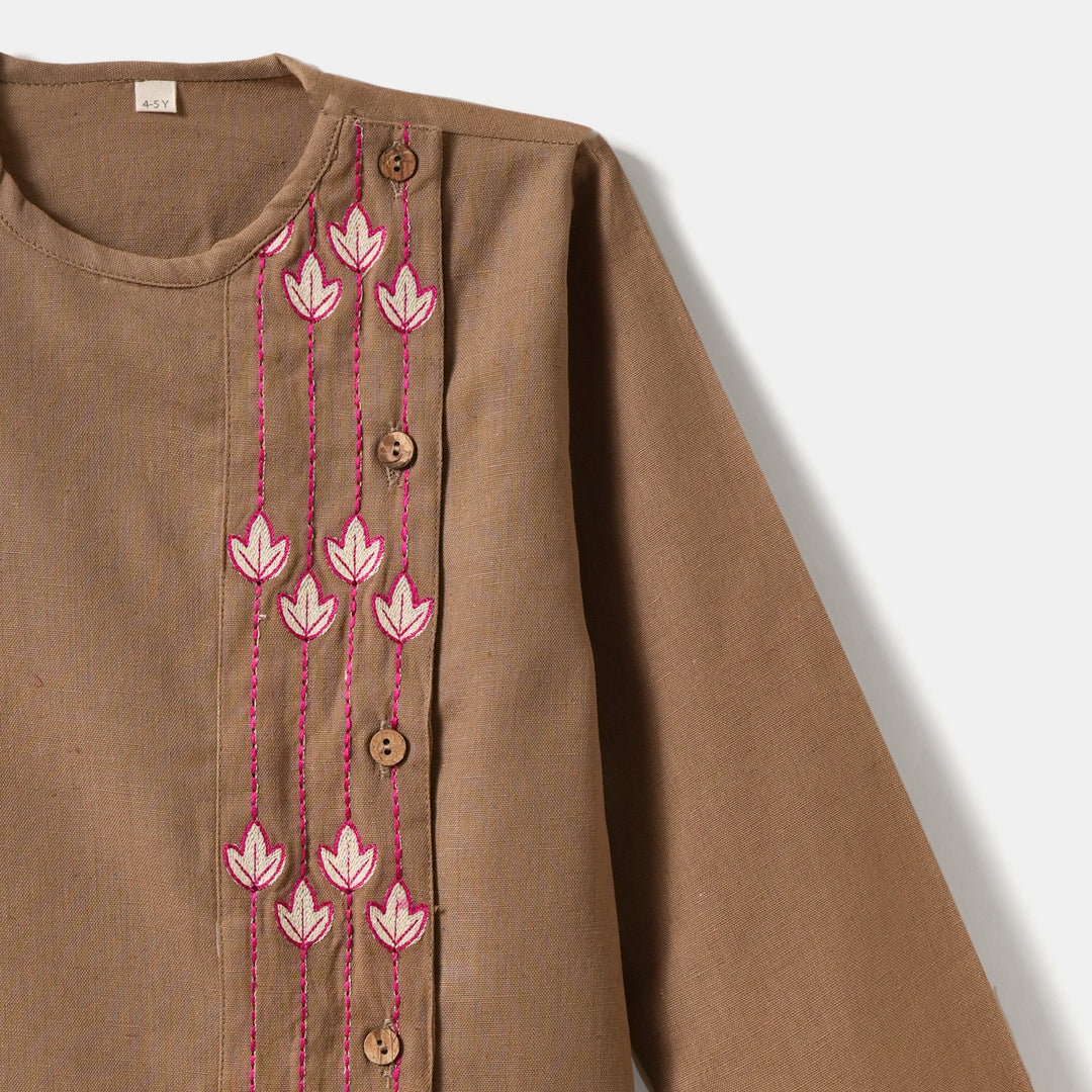 Kurta Pajama - Brown Embroidered with side cut