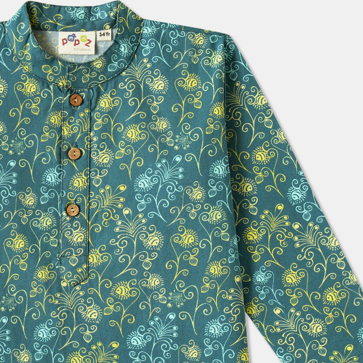 Teal Floral Vine Print Kurta Pajama Set