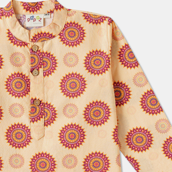 Peach Floral Motif Print Kurta Pajama Set