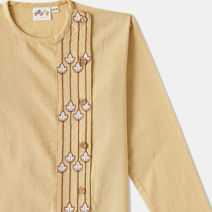 Kurta Pajama - Beige Embroidered with side cut