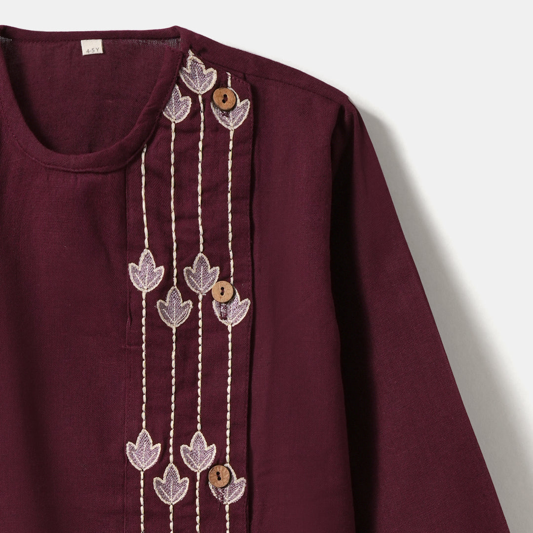 Kurta Pajama - Maroon Embroidered with side cut