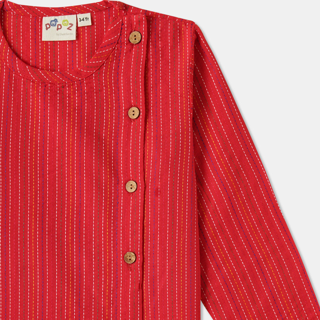 Kurta Pajama - Red Katha Stitched Embroidered with Side Cut