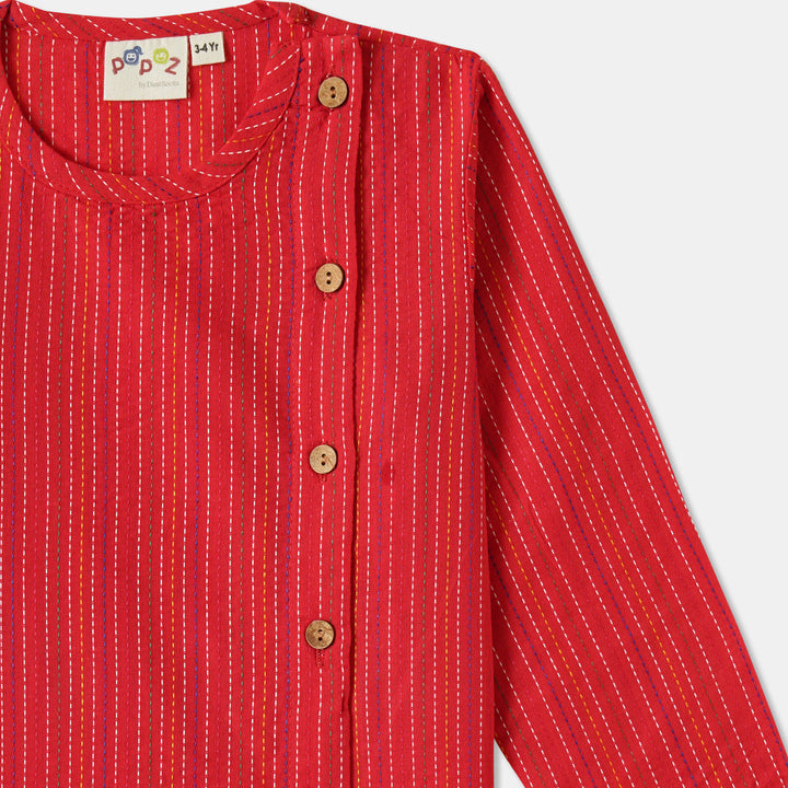 Kurta Pajama - Red Katha Stitched Embroidered with Side Cut