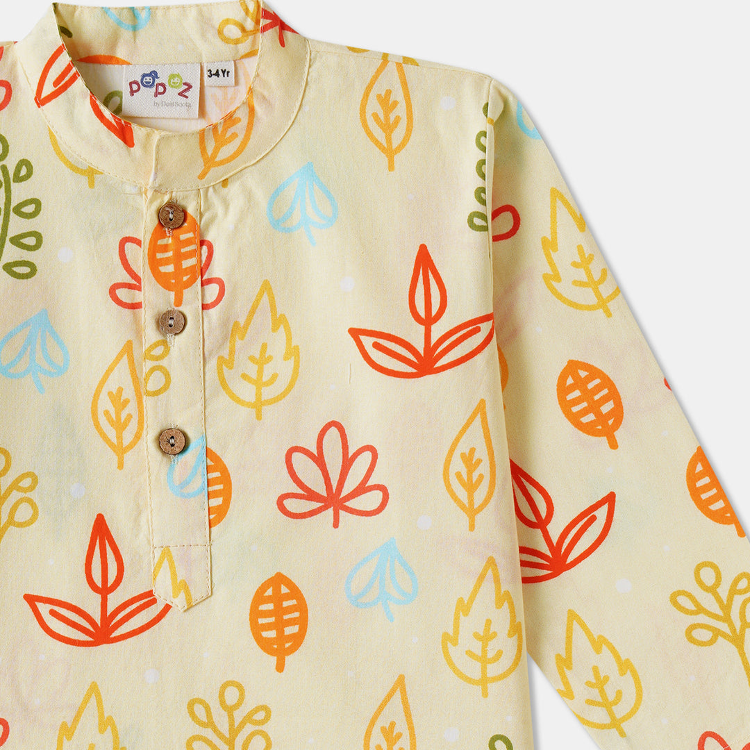 Yellow Fern & Leaves Print Kurta Pajama Set