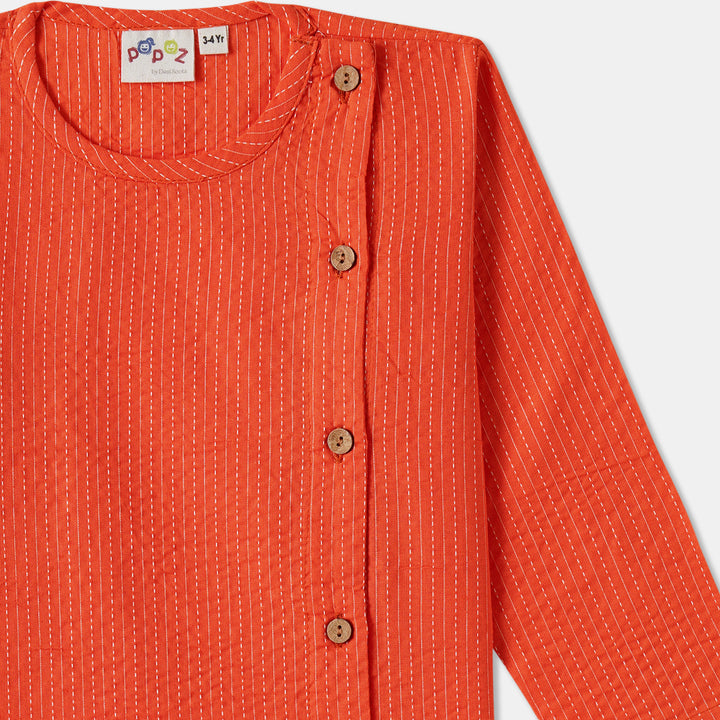 Kurta Pajama - Orange Katha Stitched Embroidered with Side Cut