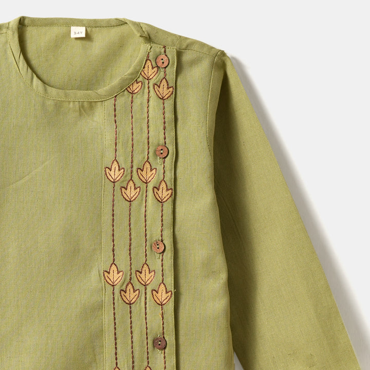 Kurta Pajama - Green Embroidered with side cut