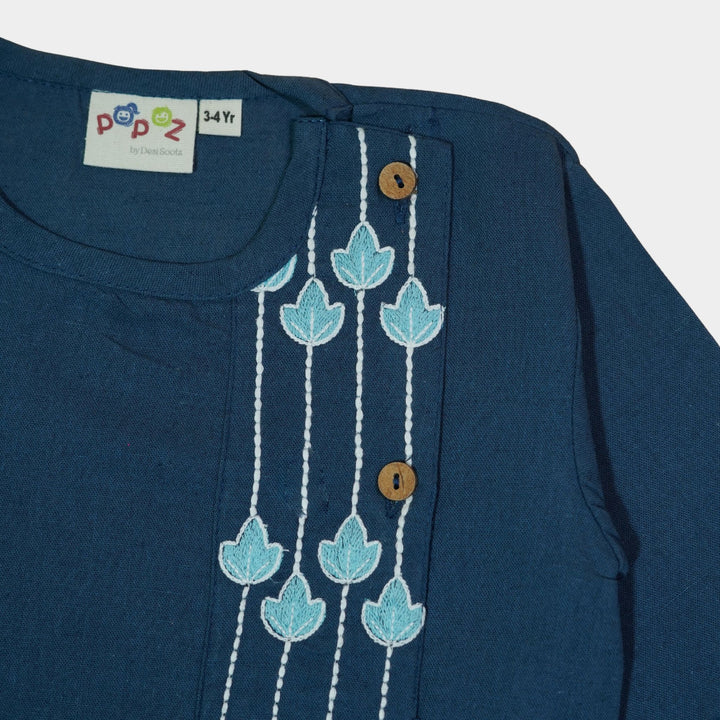 Kurta Pajama - Navy Blue Embroidered with side cut
