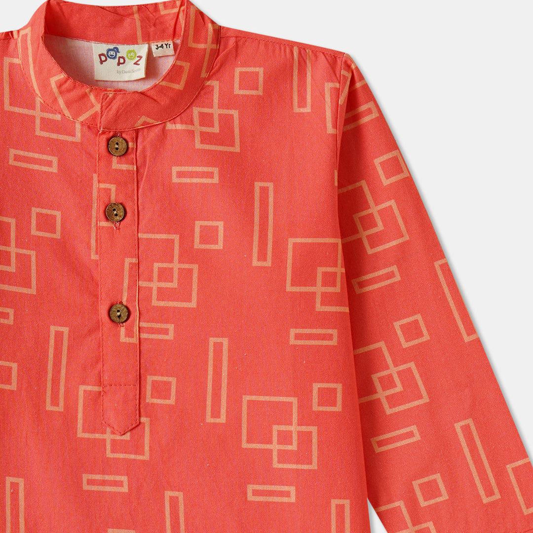 Coral Geometric Shapes Print Kurta Pajama Set