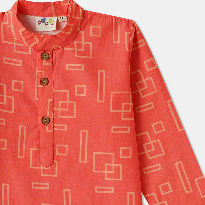 Coral Geometric Shapes Print Kurta Pajama Set