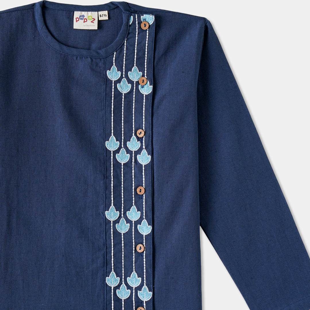 Kurta Pajama - Navy Blue Embroidered with side cut