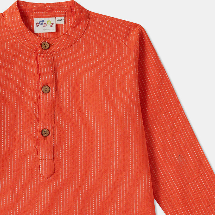 Kurta Pajama - Orange Katha Stitched Embroidered with Middle Cut