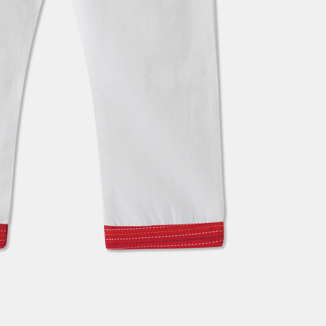 Kurta Pajama - Red Katha Stitched Embroidered with Side Cut