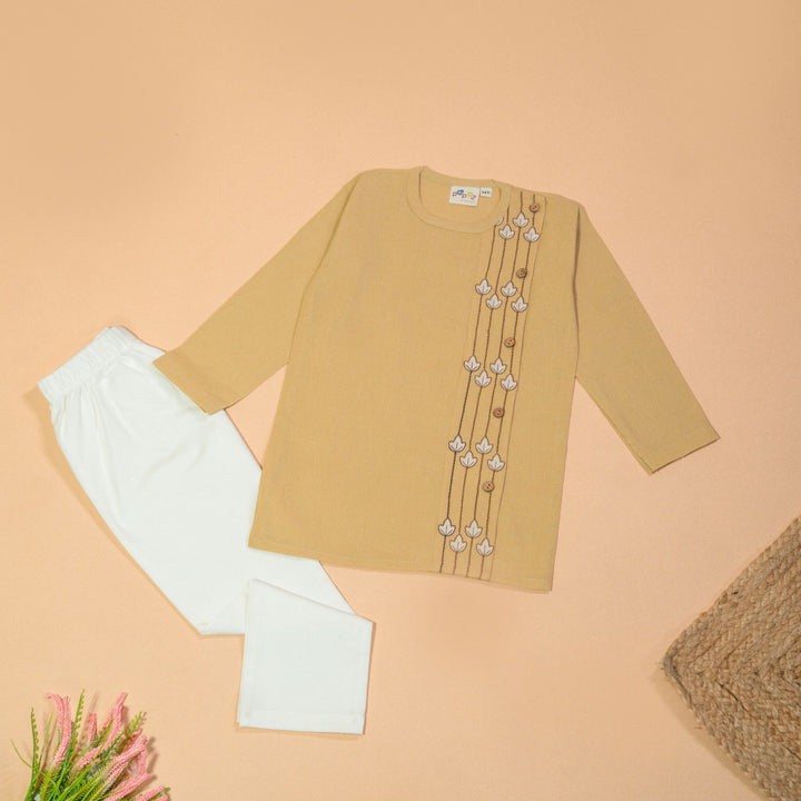 Kurta Pajama - Beige Embroidered with side cut