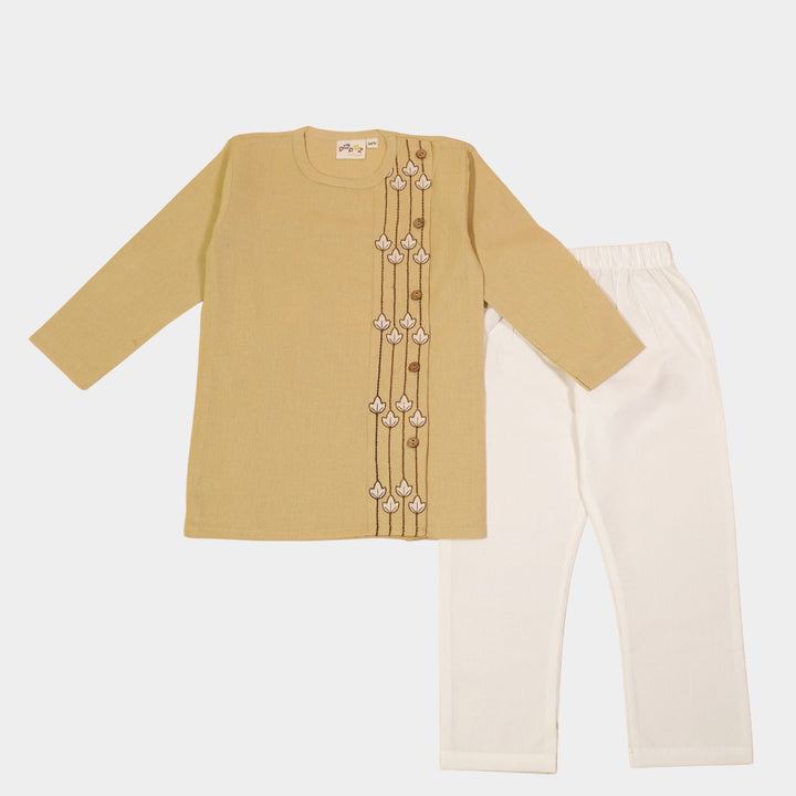 Kurta Pajama - Beige Embroidered with side cut