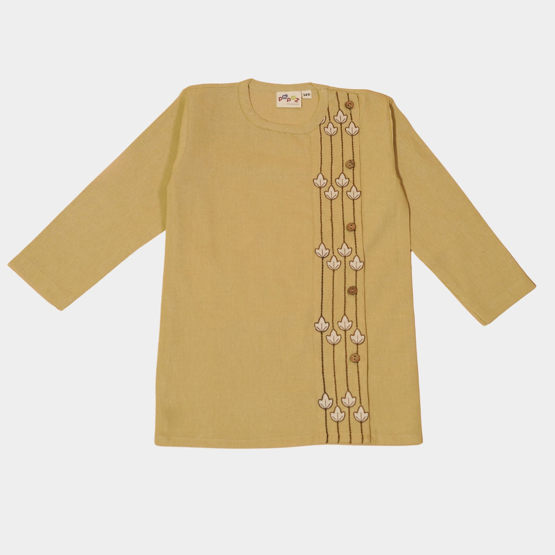 Kurta Pajama - Beige Embroidered with side cut
