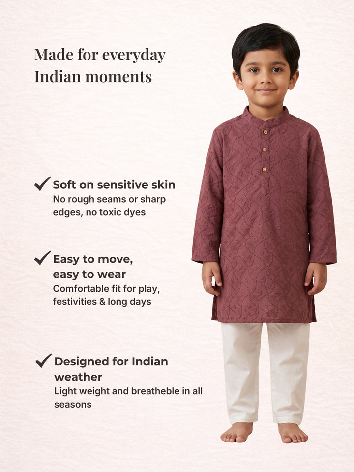 Wine Schiffli Embroidered Kurta Pajama