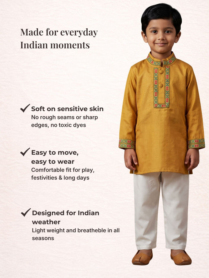 Yellow Mashru Embroidered Kurta Pajama